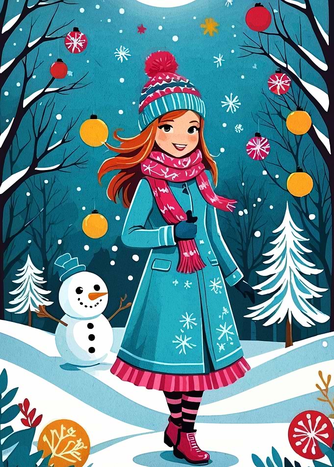 Winter Girl with Snowman Illustration