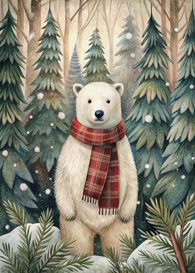 Winter Bear with Scarf in Forest