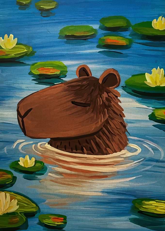 Capybara in Water Lily Pond Painting