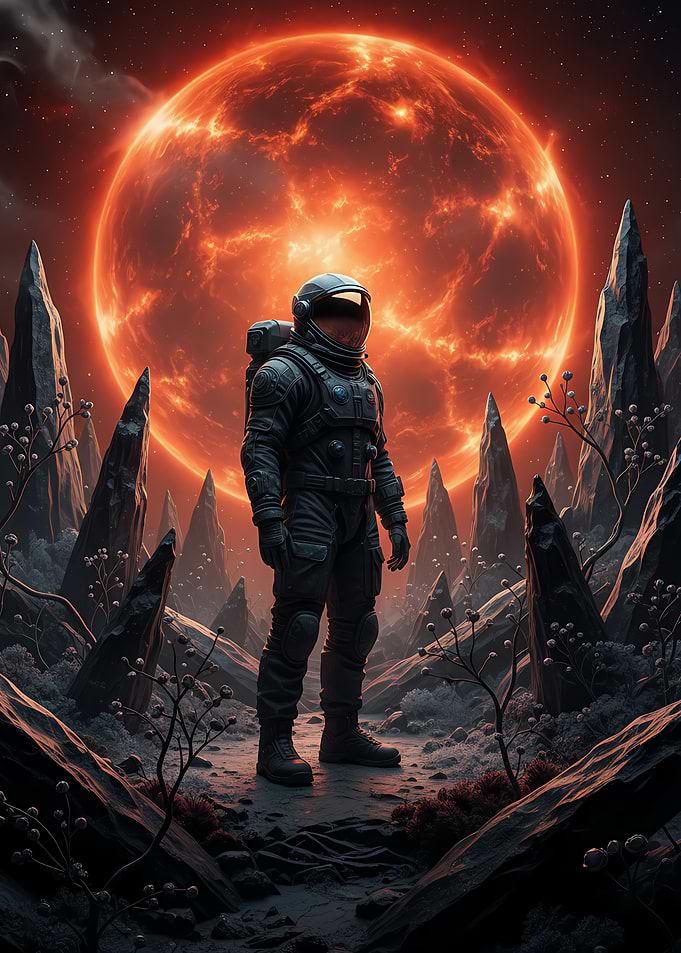 Astronaut on Alien Planet with Red Sun