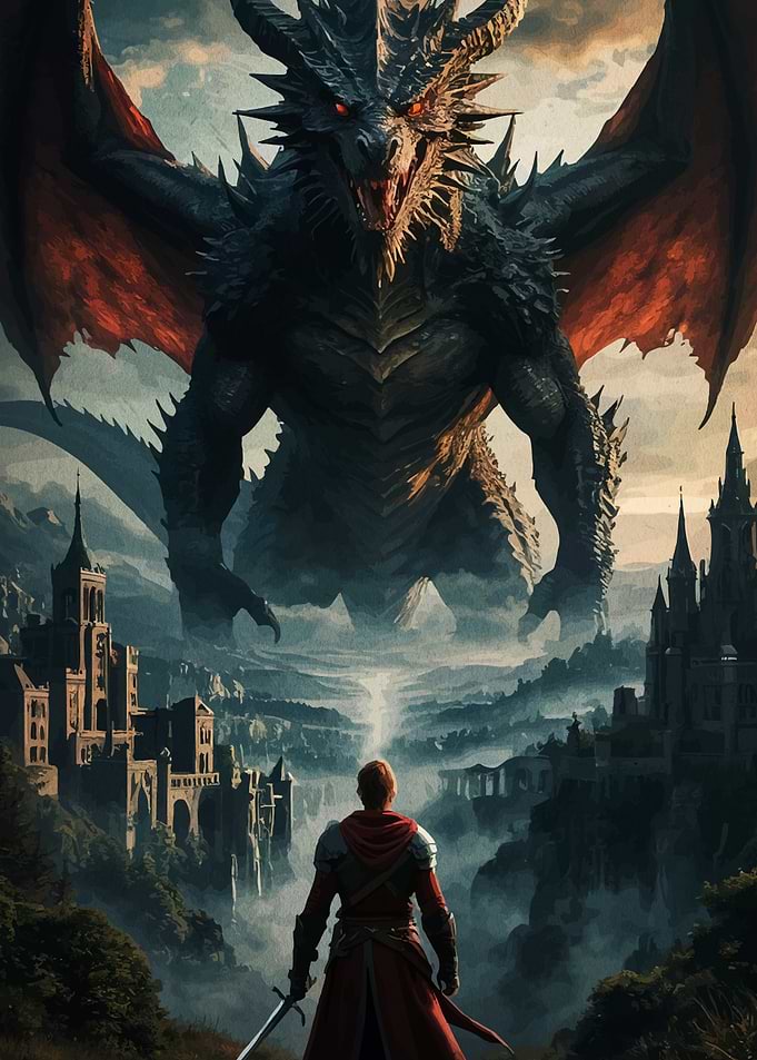 Knight facing giant dragon