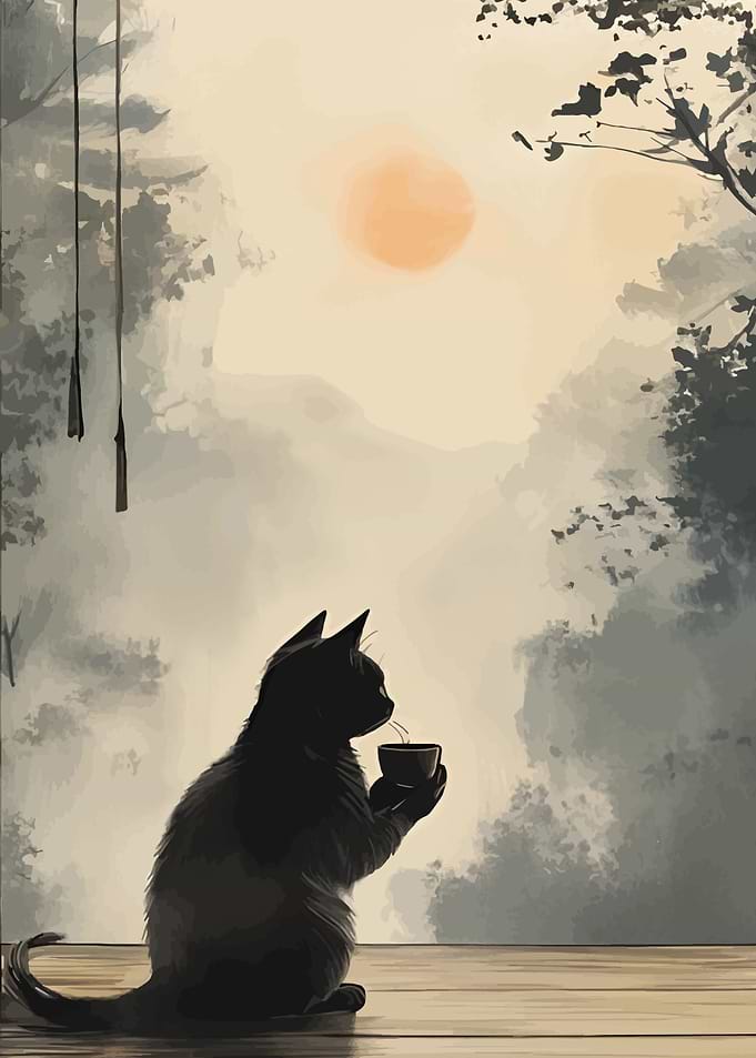 Black Cat Drinking Tea Illustration