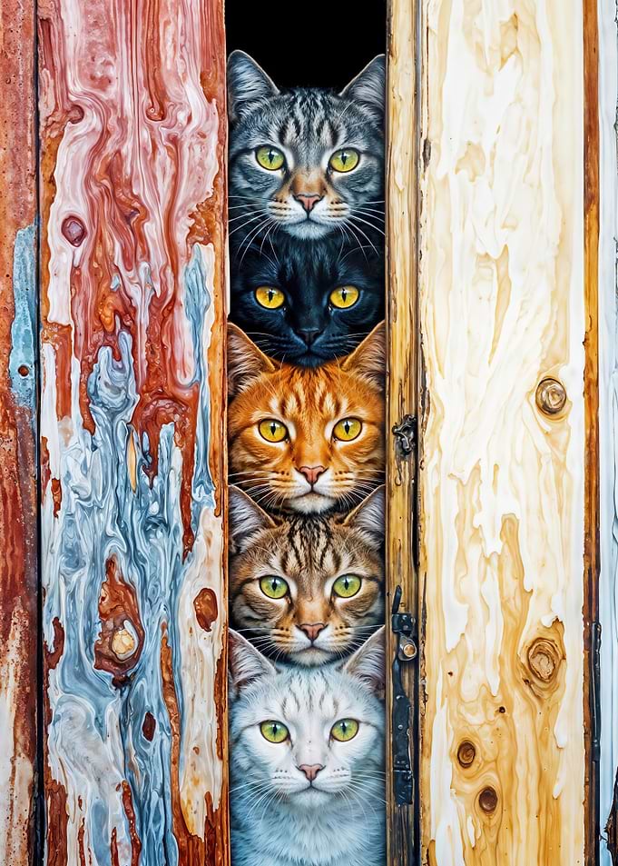 Stacked Cats Peeking Through Door