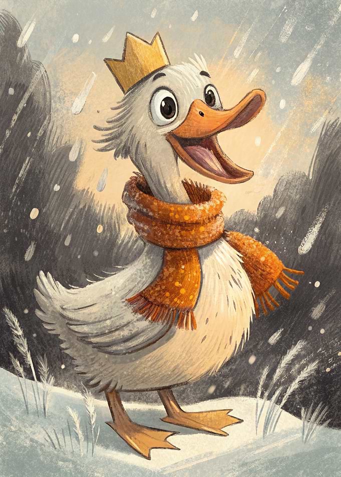 Cartoon Duck with Crown and Scarf