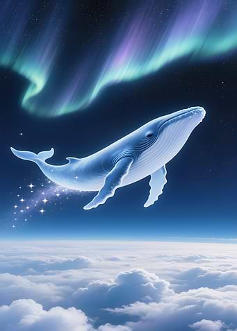 Celestial Whale Above Clouds and Aurora