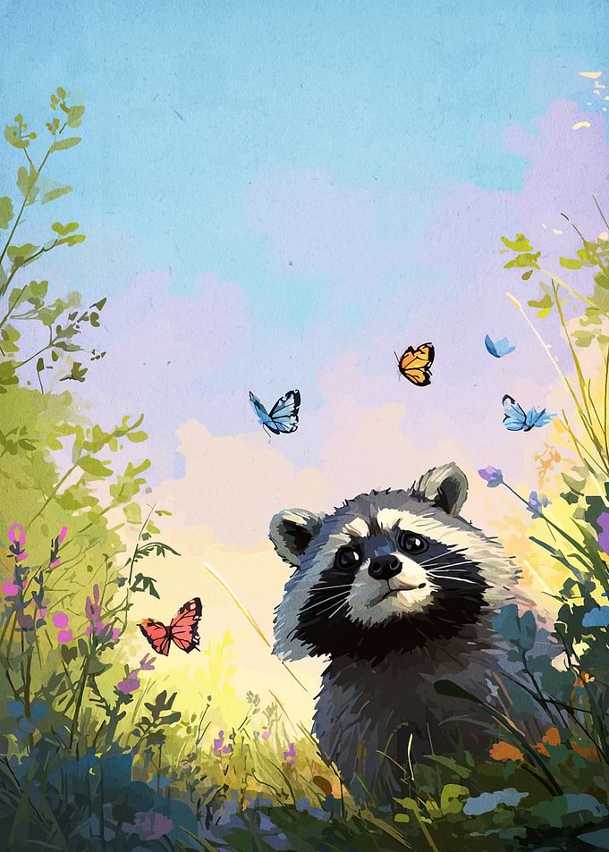 Raccoon in a Meadow with Butterflies