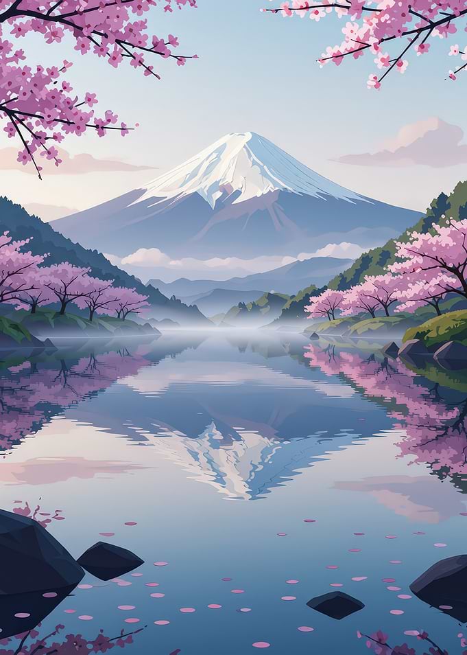 Mount Fuji Reflection with Cherry Blossoms