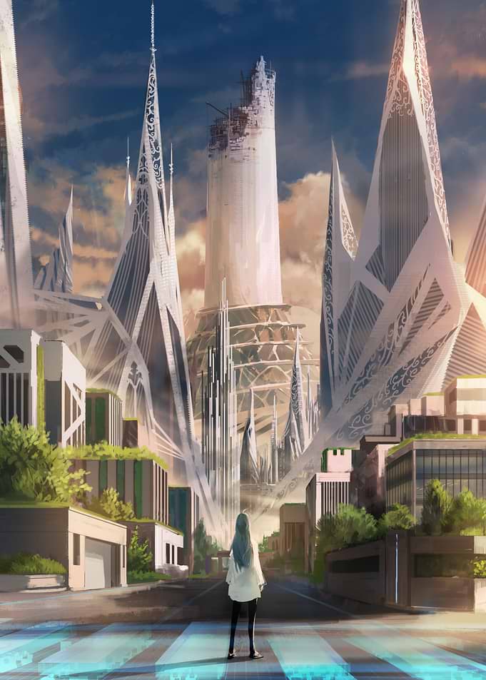 Futuristic Cityscape with Figure