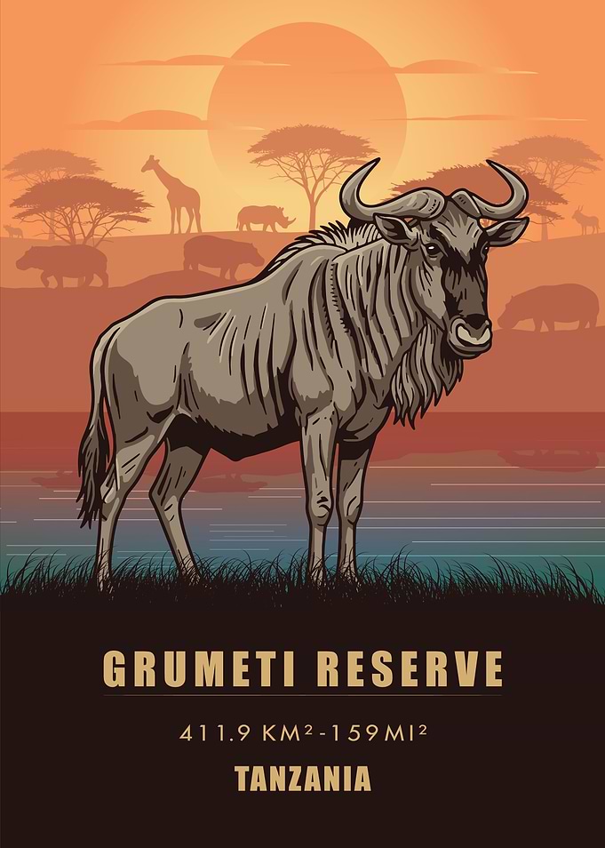 Vintage Grumeti Reserve Wildebeest Poster , Tanzania Great Migration Art , Retro Safari Print