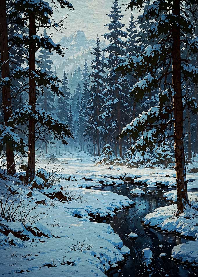 Winter Forest Landscape with Snowy River