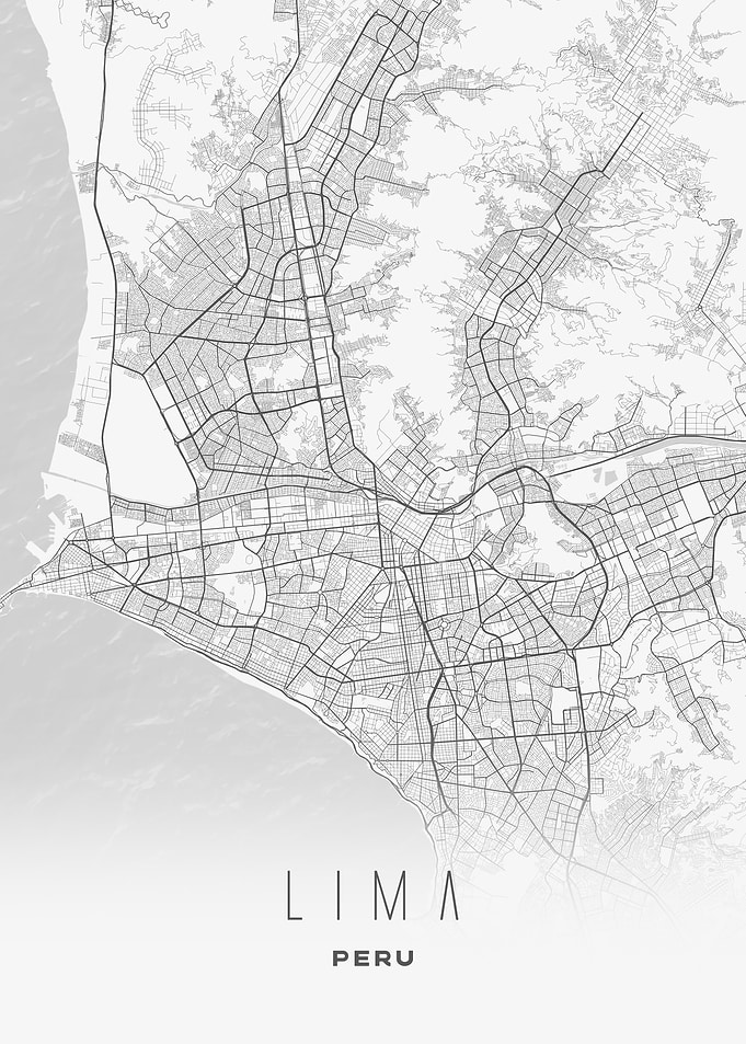 Lima, Peru - Coastal City Map Poster, Modern Monochrome Urban Art
