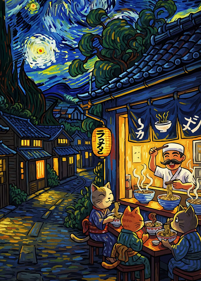Cats Eating Ramen Starry Night