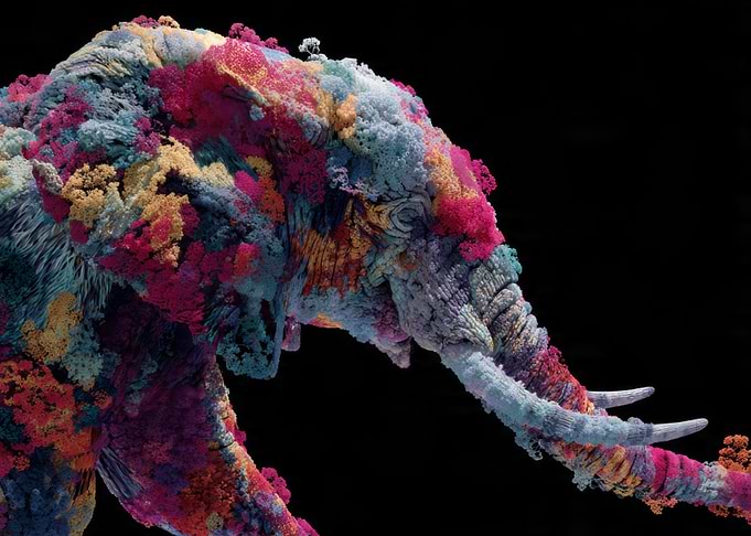 Colorful Fractal Elephant on Black Background