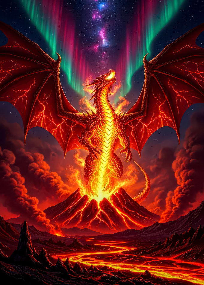 Fiery Dragon on Volcano with Aurora