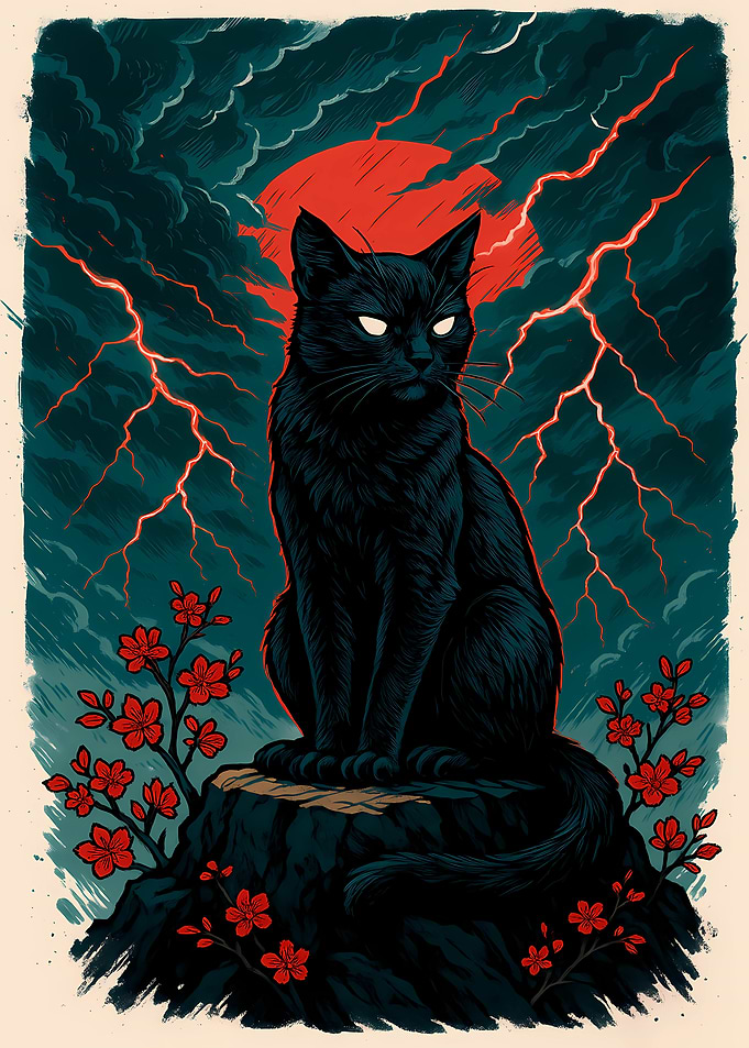 Black Cat Under Red Moon Japan Style