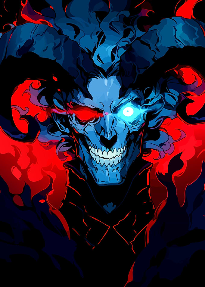 Blue Demon with Horns and Flames