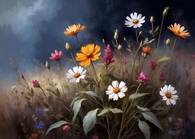 Floral Painting with Daisies and Wildflowers