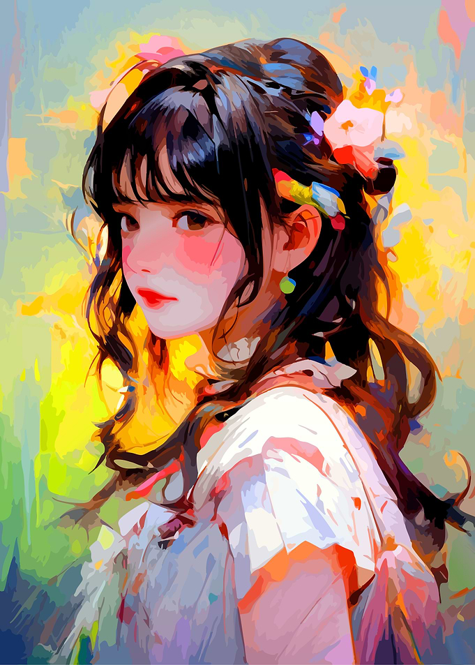 Anime Girl with Flowers Painting
