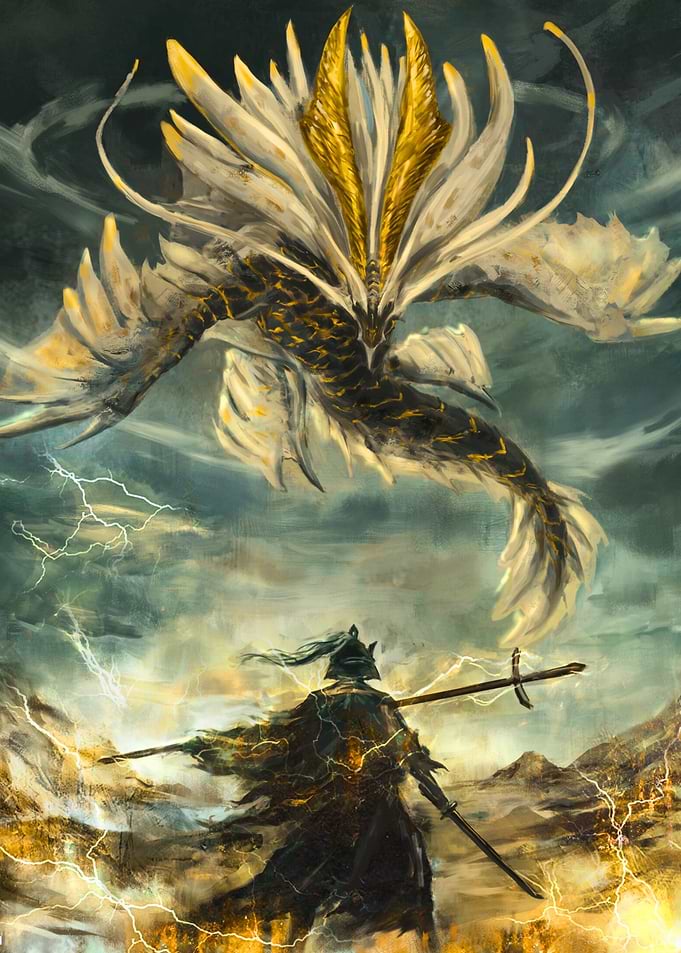 Warrior facing a golden dragon