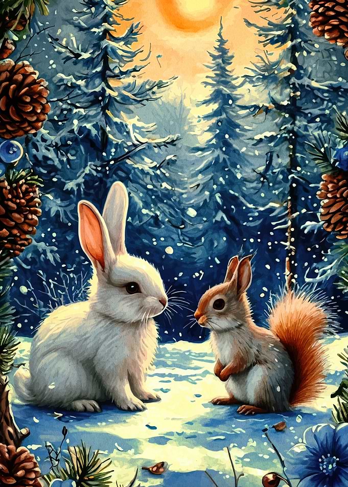 Winter Forest Friends: Rabbit and Squirrel