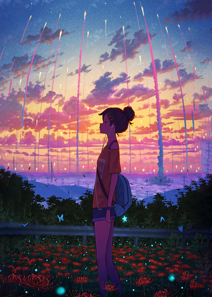 Anime Girl Fireworks Landscape Digital Art