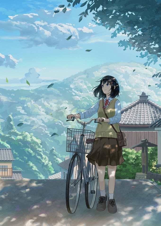 Anime Girl with Bicycle Landscape