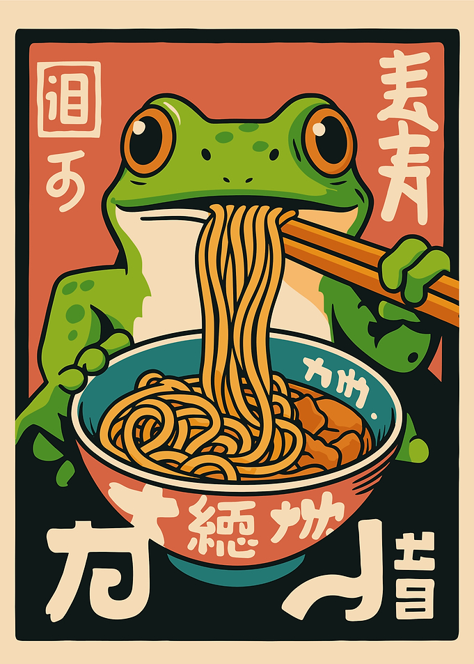 Frog Eating Ramen Noodles Art