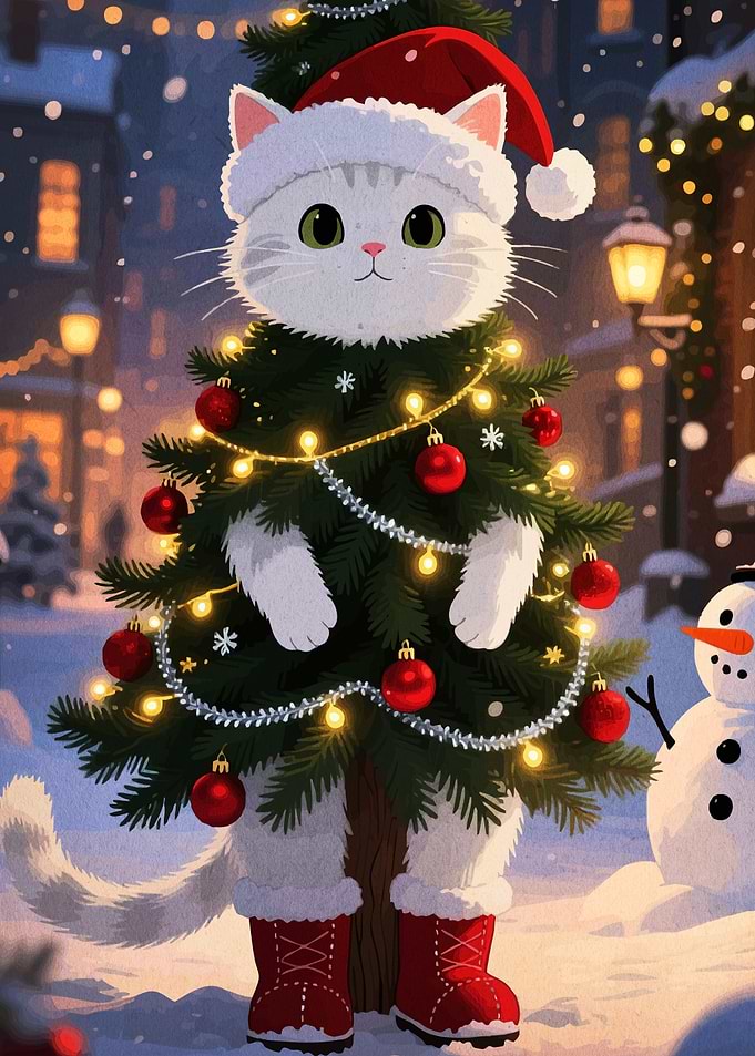Christmas Cat Tree Snowy Town
