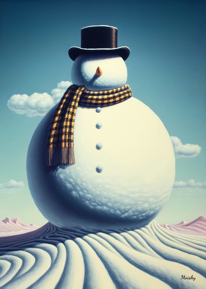 Surreal Dreamlike Snowman in Soft Pastel Landscape