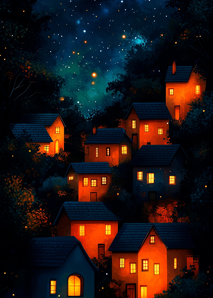 Nighttime Village Under Starry Sky