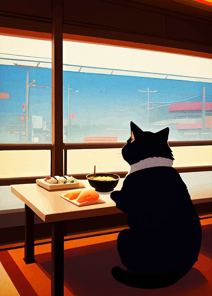 Cat with Sushi and Ramen