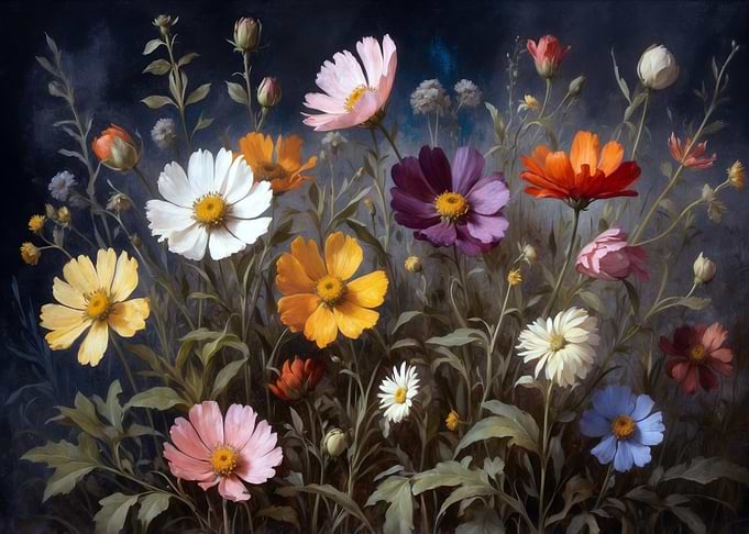 Colorful Cosmos Flowers Painting