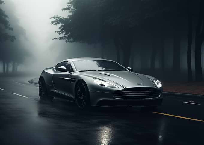 Gray supercar on wet road