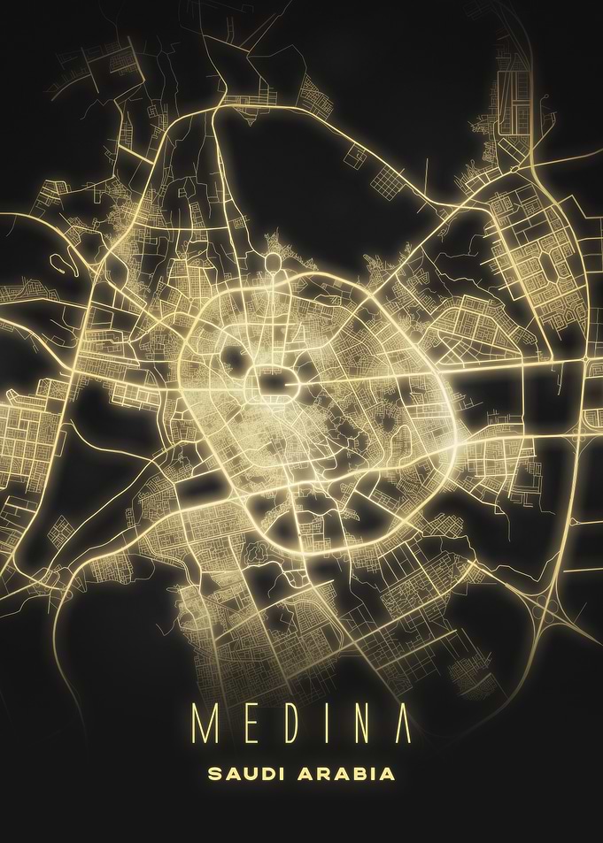 Medina, Saudi Arabia - Illuminated Night City Map Poster, Contemporary Wall Art