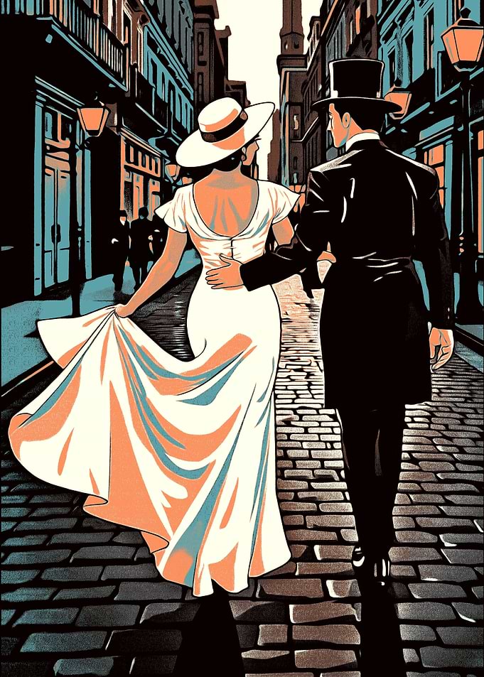 Romantic Couple Strolling Down Cobblestone Street
