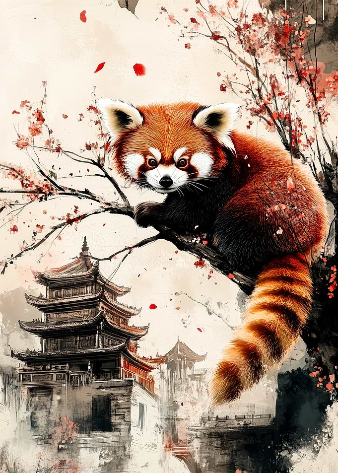 Red Panda in Asian Landscape