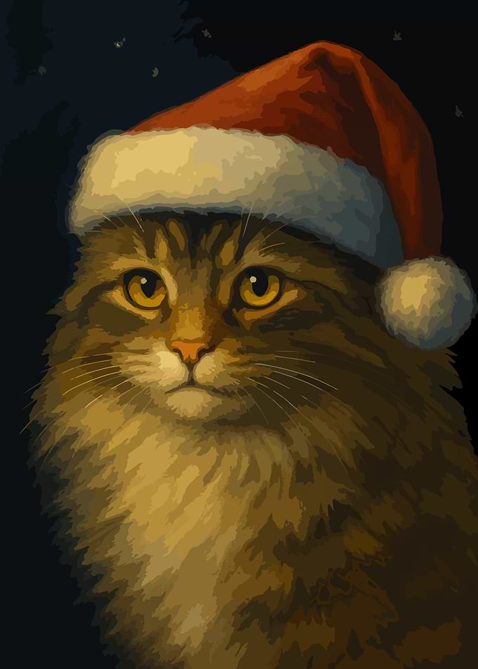 Cute Cat in Santa Hat : Christmas Cat Portrait