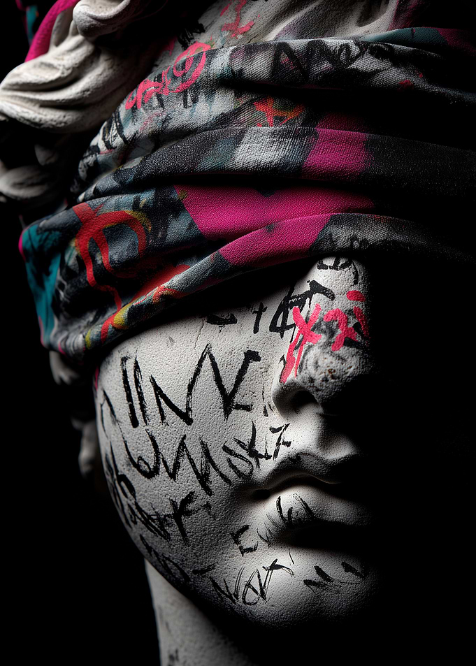 Graffiti-Adorned Bust with Colorful Headwrap
