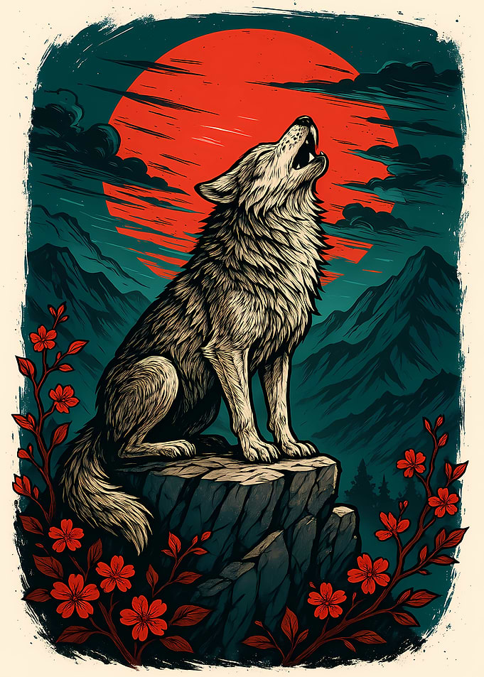 Howling Wolf Under Red Moon