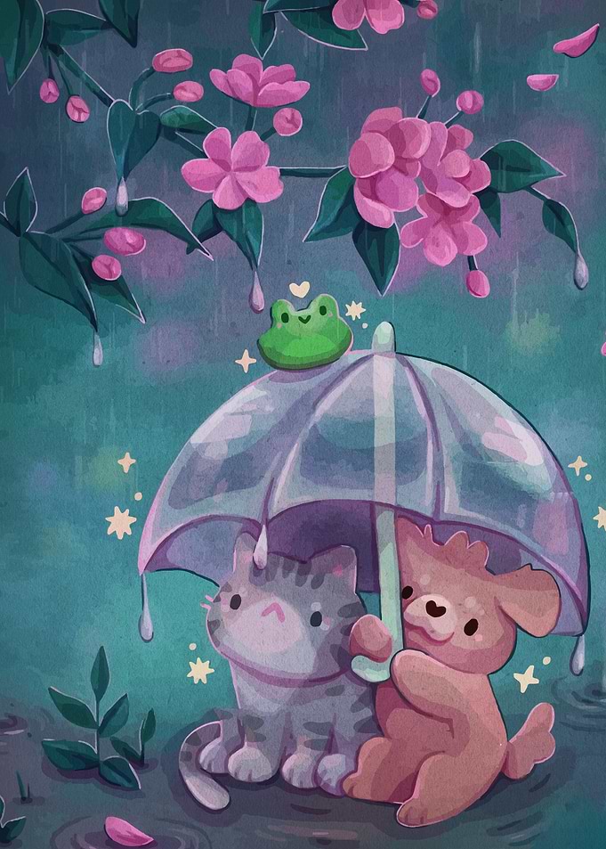 Cat and Dog Under Umbrella in Rain