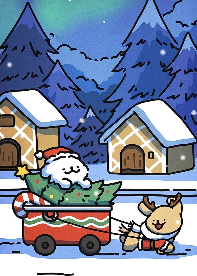 Christmas Cartoon Scene with Santa Dog