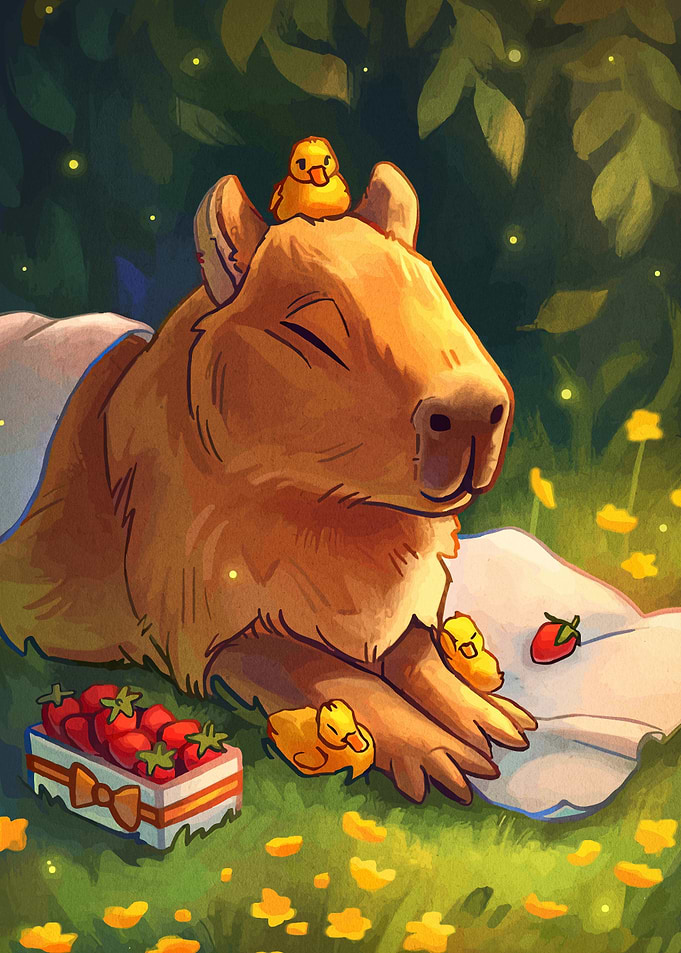 Capybara with Ducklings and Strawberries