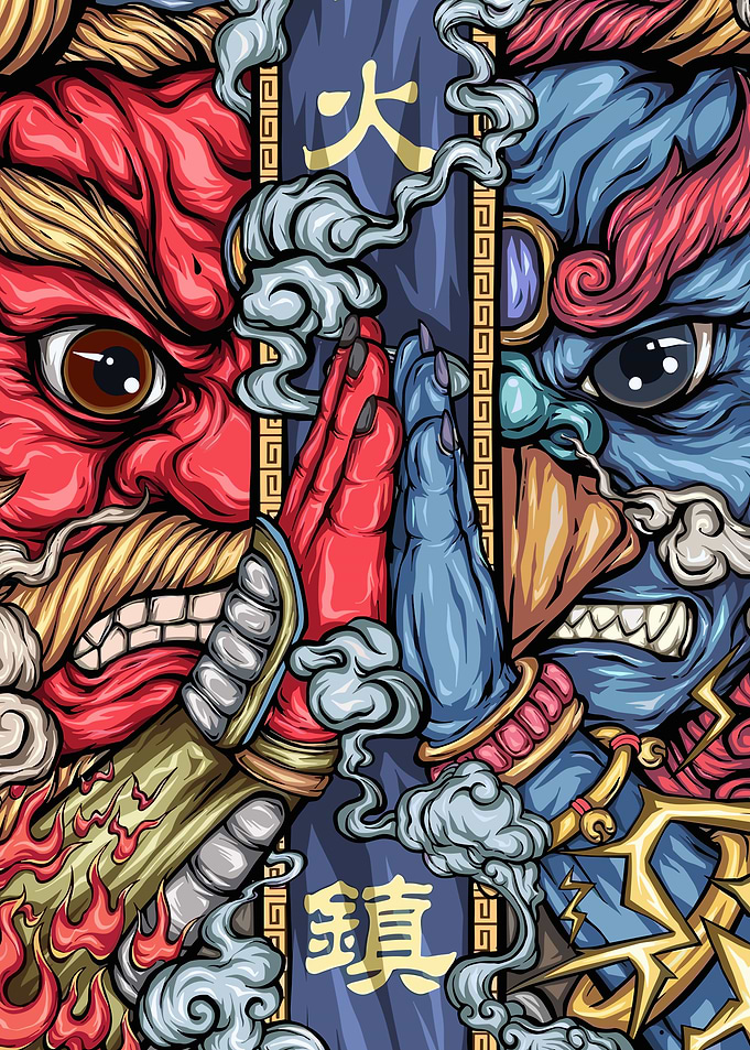 Red and Blue Oni Confrontation