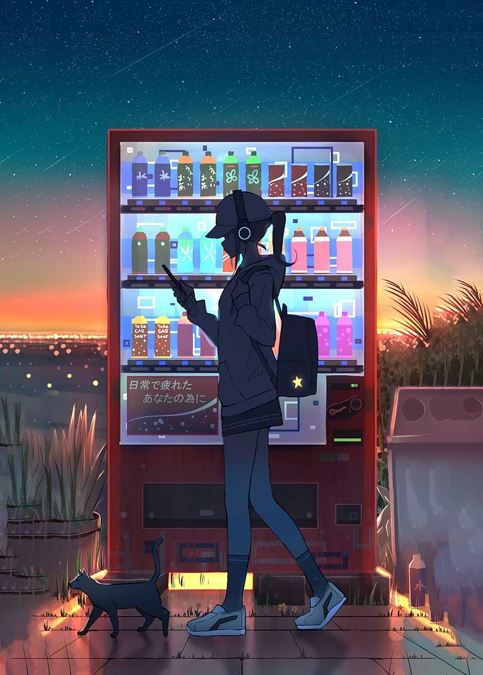 Girl with Vending Machine at Sunset