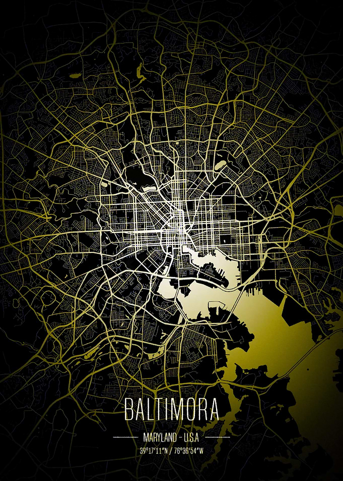 Baltimore City Map - Gold on Black
