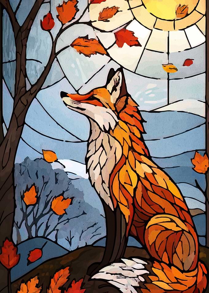 Fox in Autumn Stained Glass Style