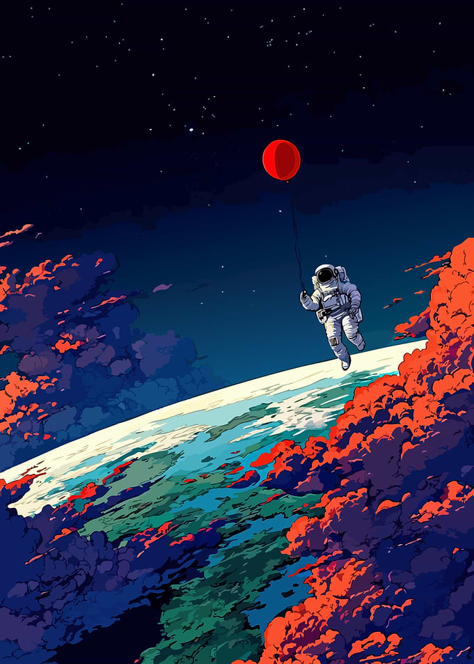 Astronaut with Balloon Above Earth
