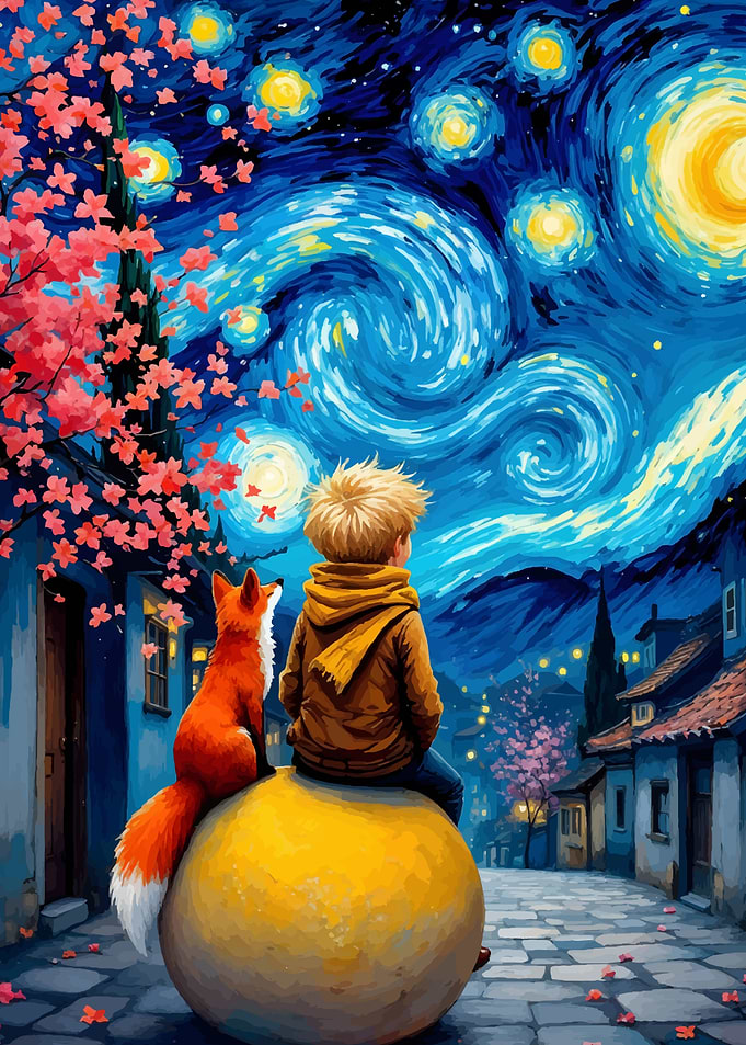 Boy and Fox Under Starry Night