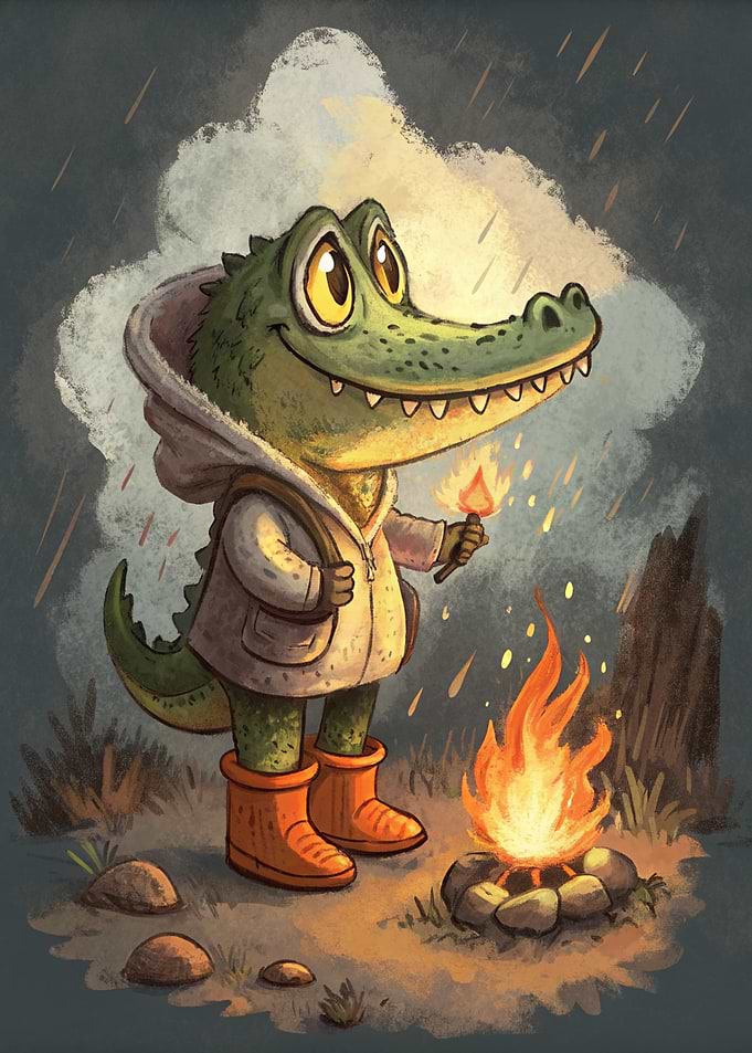 Cartoon Alligator Camping in the Rain