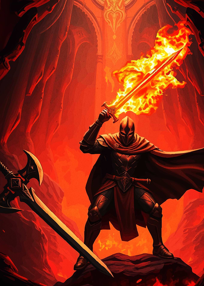 Warrior Flaming Sword Red Landscape
